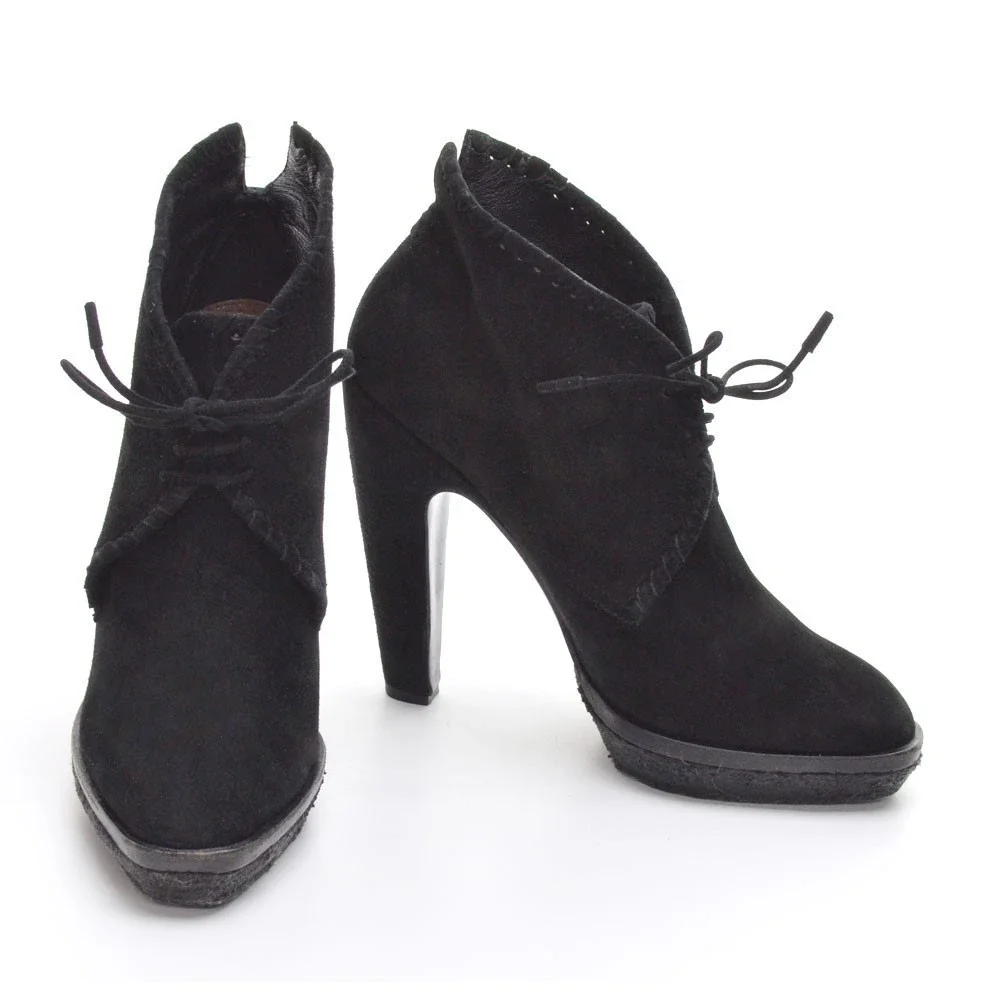 Alaia Black Suede Low Platform Lace Up Heeled Bootie 37